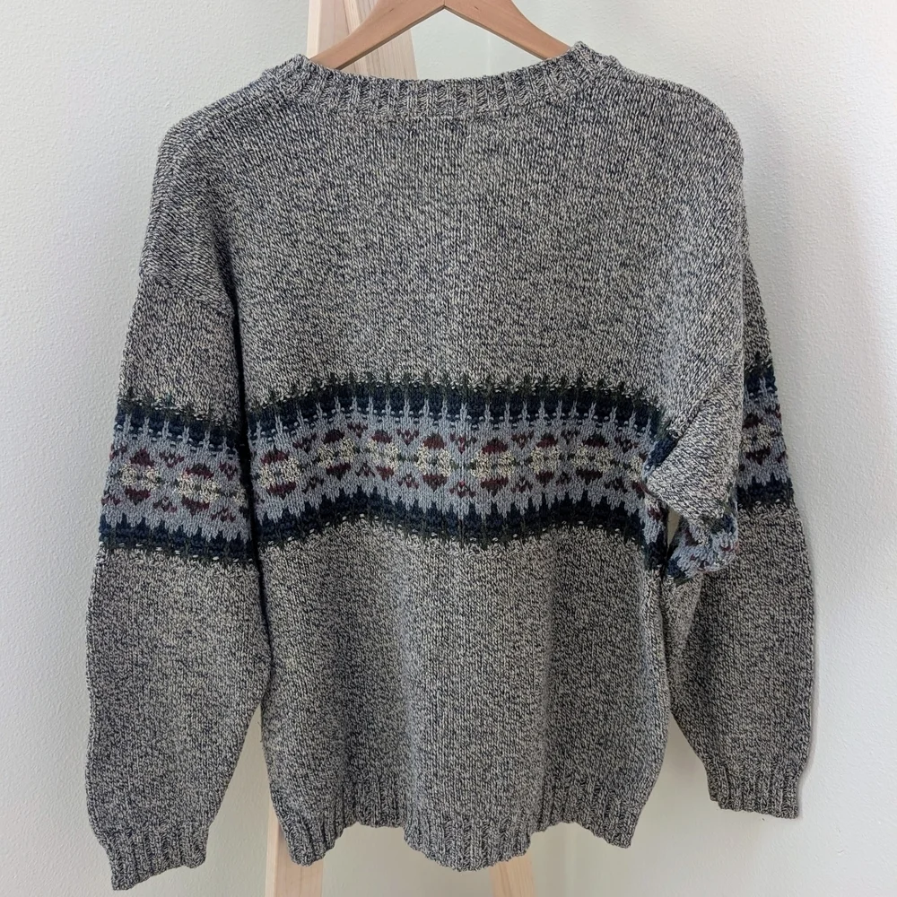 Vintage Abstract Geometric Chunky Patterned V-neck Sweater In Gray